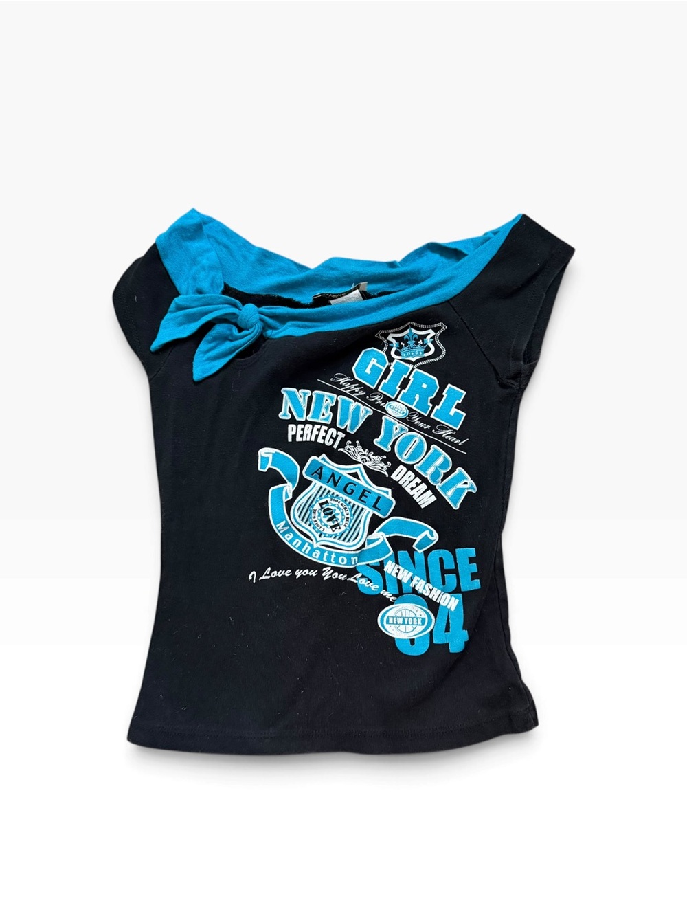Papaya Black & Turquoise Graphic Tee with Knotted Neck